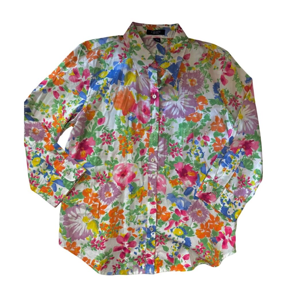 Chaps White Floral Button-Down Shirt with Pink Orange Blue Accents